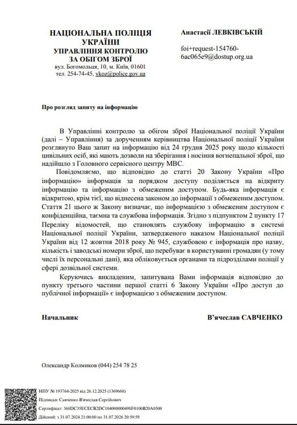 Скриншот відповіді Нацполіції на запит про кількість зброї